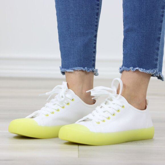 White Canvas Sneakers Yellow Sole Lace-Up Casual Everyday Comfort - Picture 1 of 14
